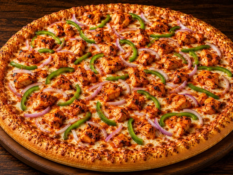 Chicken Tandoori Pizza with tandoori chicken, onions and green pepper at Calzone Express in Shawnessy, Calgary, AB