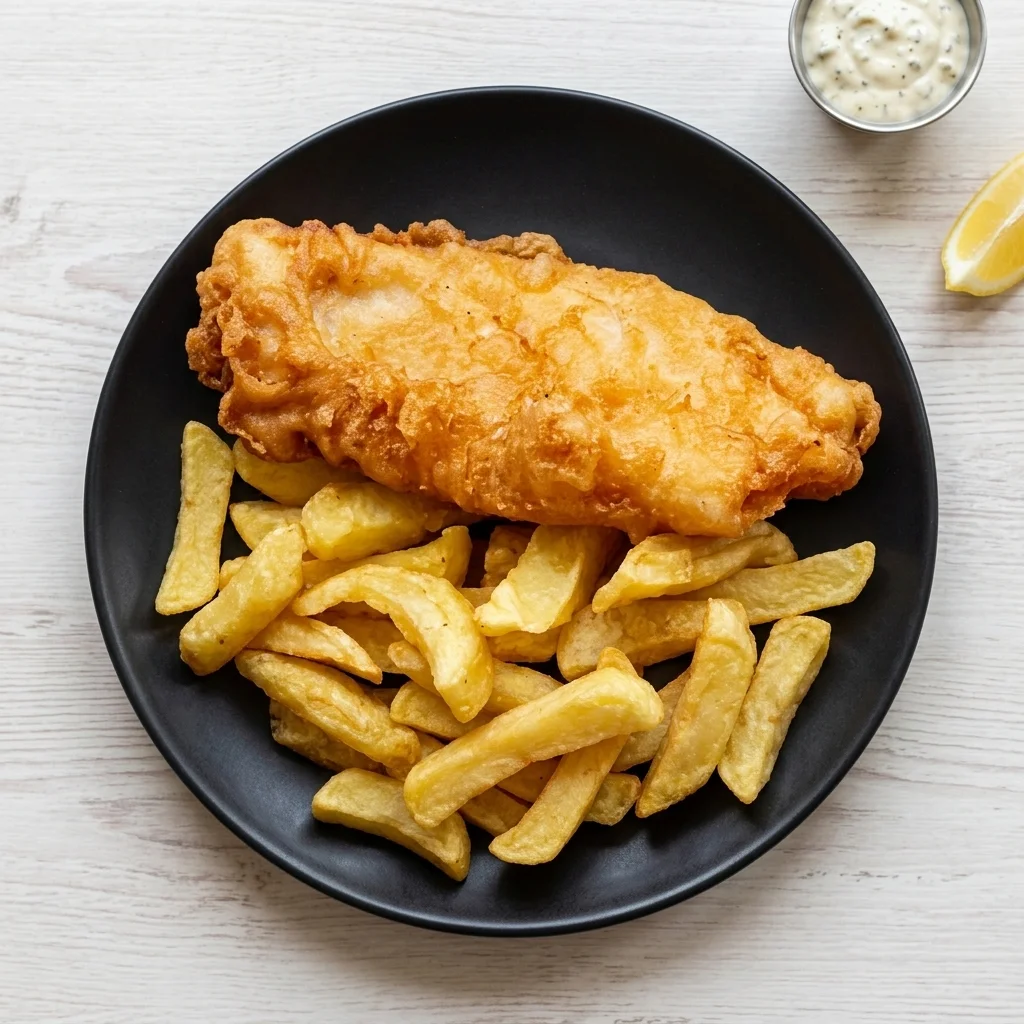 Fish n Chips with crispy breaded fish, fries and tartar sauce at Calzone Express in Calgary, AB