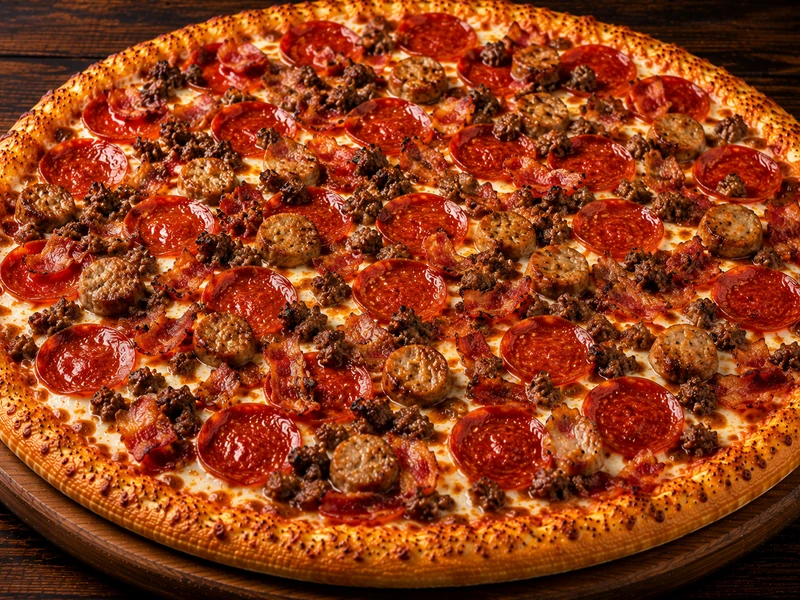 Meat Lovers Pizza with pepperoni, beef, bacon and sausage at Calzone Express in Calgary, AB